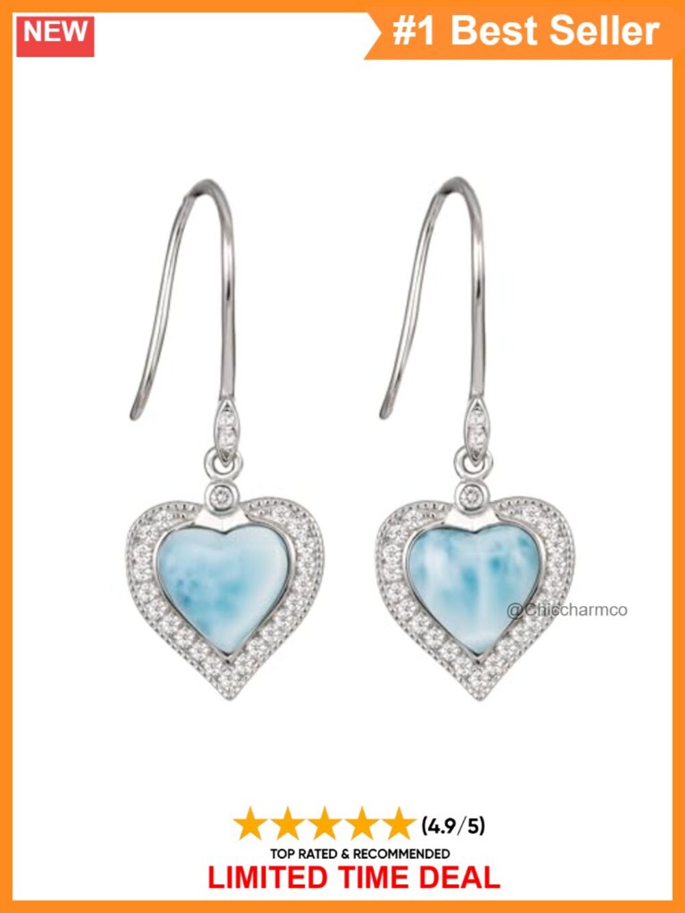 Sterling Silver Larimar Heart Dangle Earrings French Wire Hypoallergenic Gift